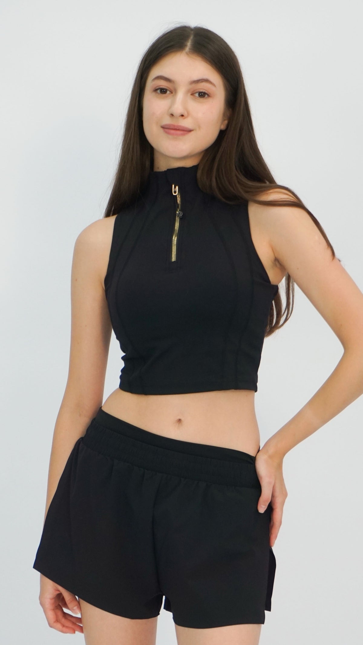 Black High-Neck Quarter Zip Crop
