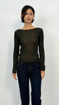 Dark Olive Boat Neck Long Sleeve Top