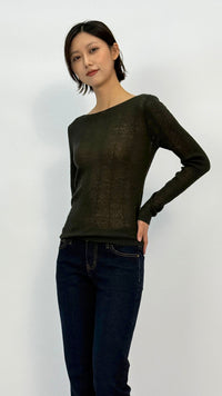 Dark Olive Boat Neck Long Sleeve Top