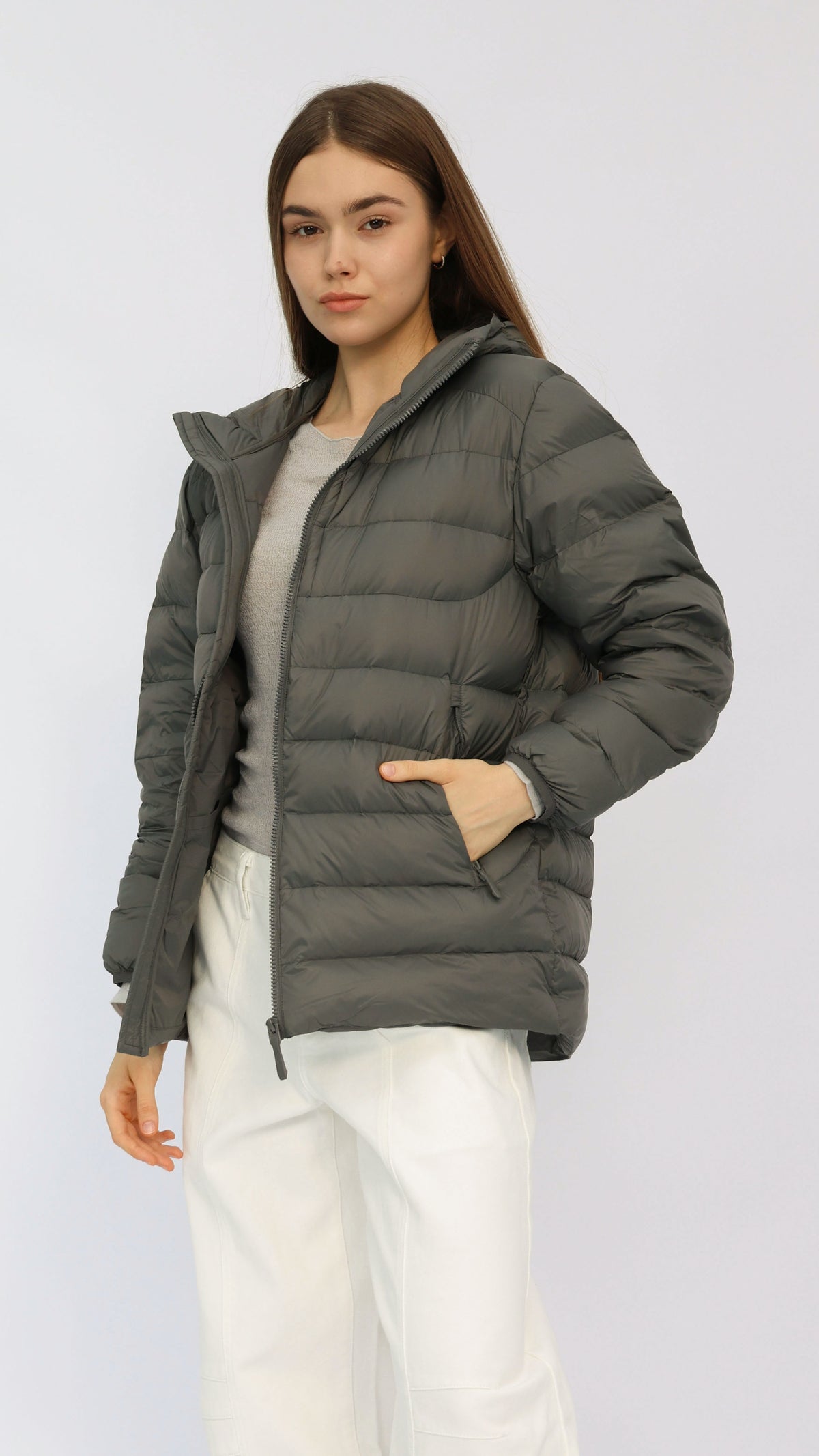 Grey Basic Hooded Goose Down Jacket