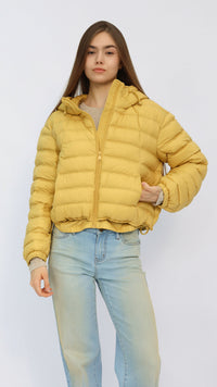 Yellow Cropped Hooded Down Jacket