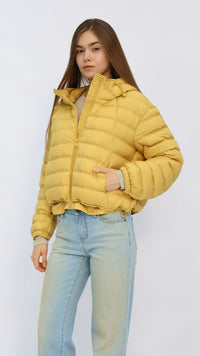 Yellow Cropped Hooded Down Jacket
