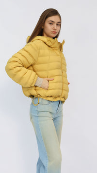 Yellow Cropped Hooded Down Jacket