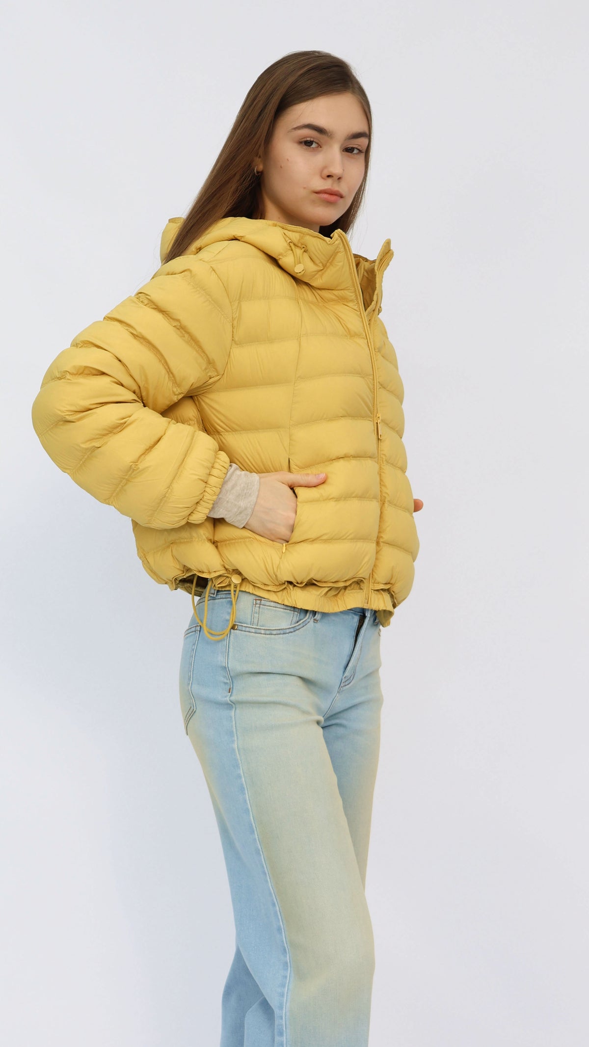 Yellow Cropped Hooded Down Jacket