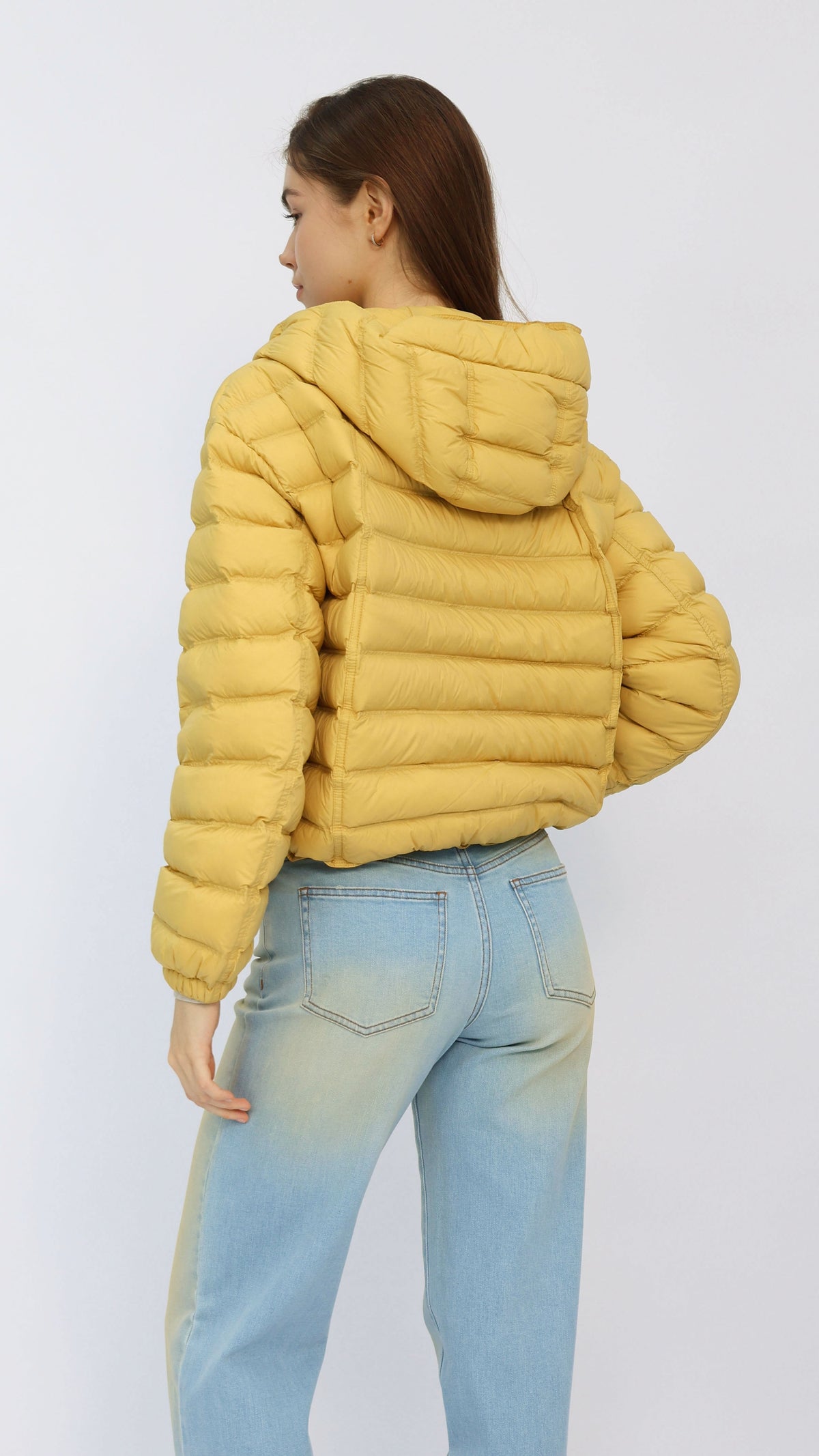 Yellow Cropped Hooded Down Jacket