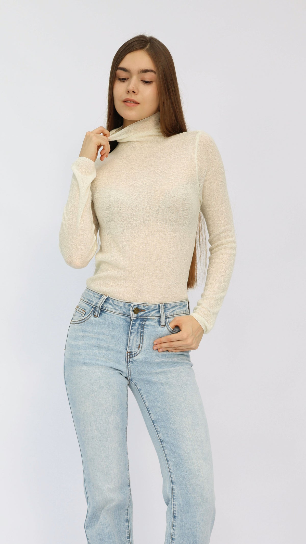 Jesse Cream Sheer Turtleneck Knit Top