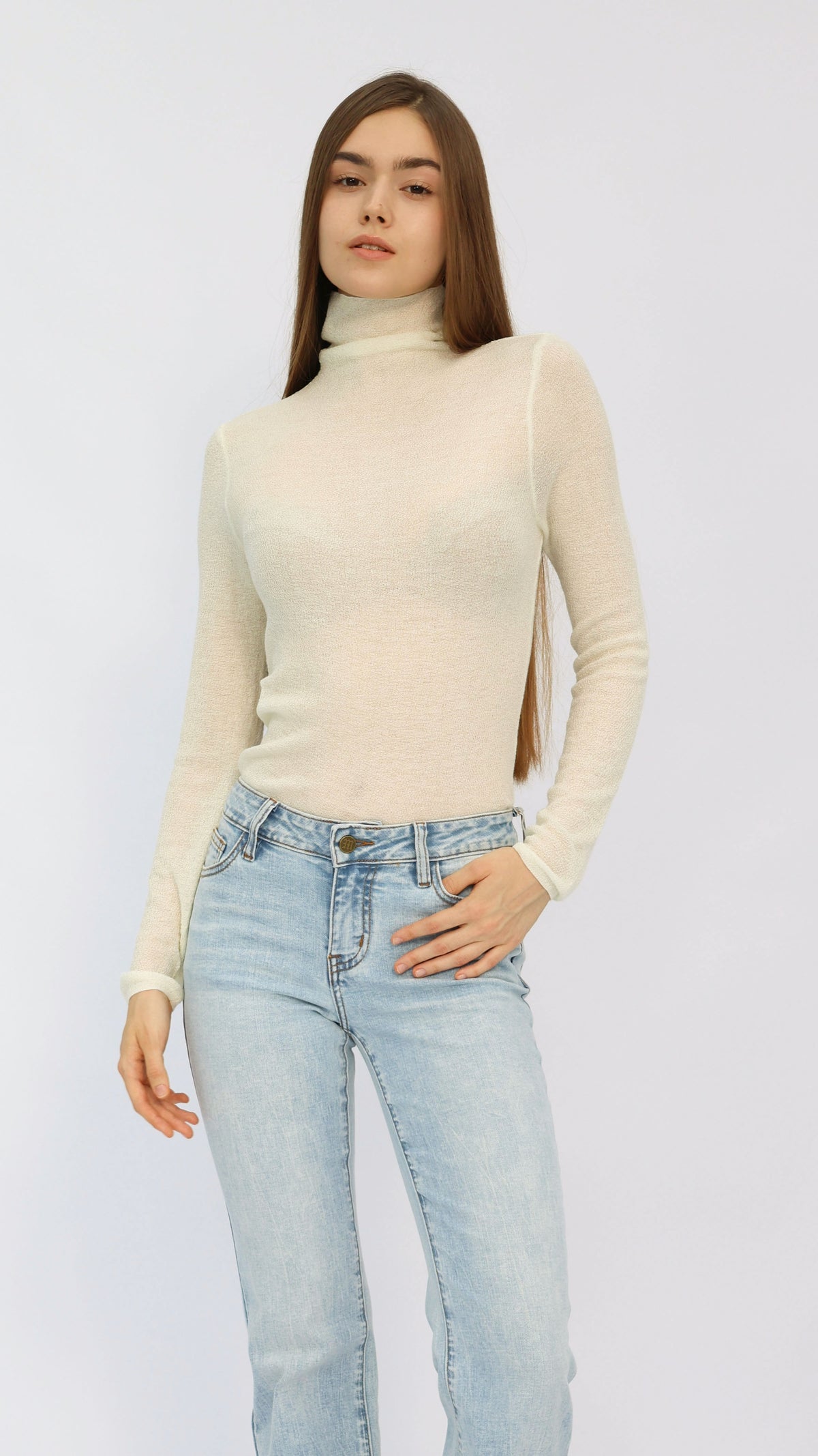 Jesse Cream Sheer Turtleneck Knit Top