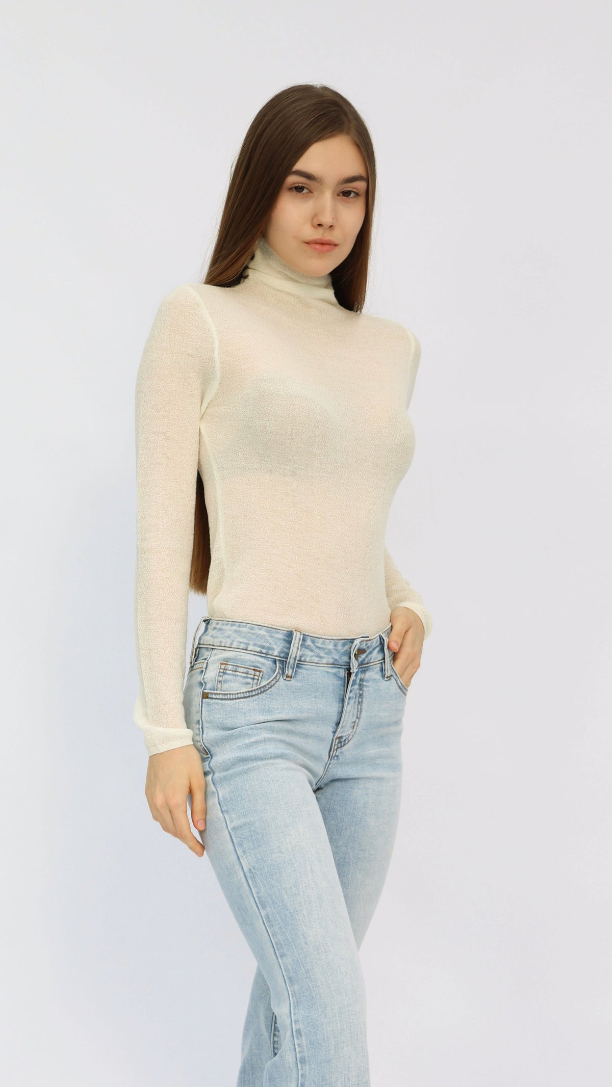 Jesse Cream Sheer Turtleneck Knit Top
