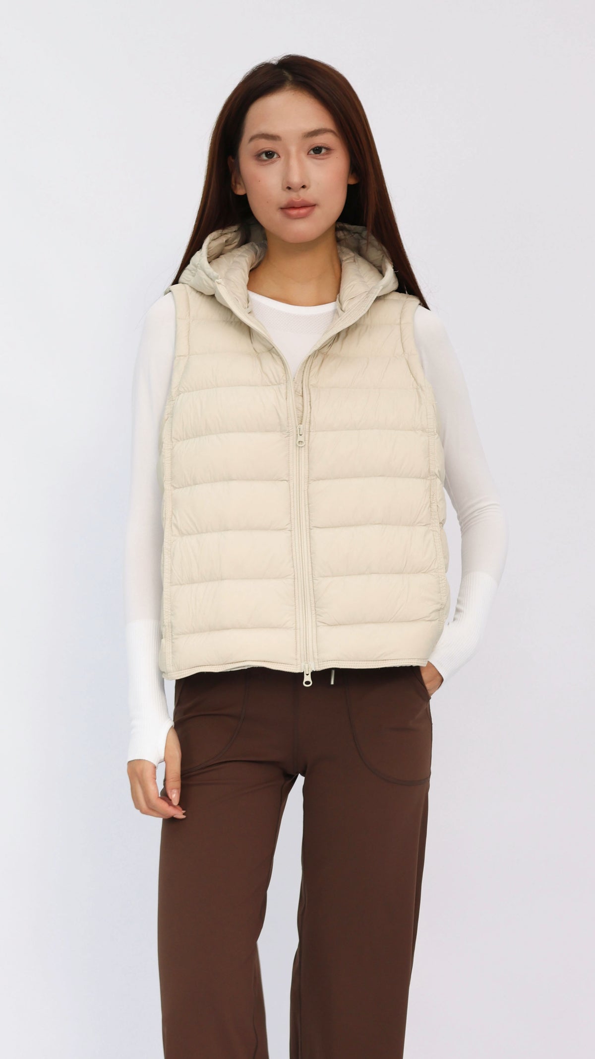 Beige Hooded Cropped Down Vest