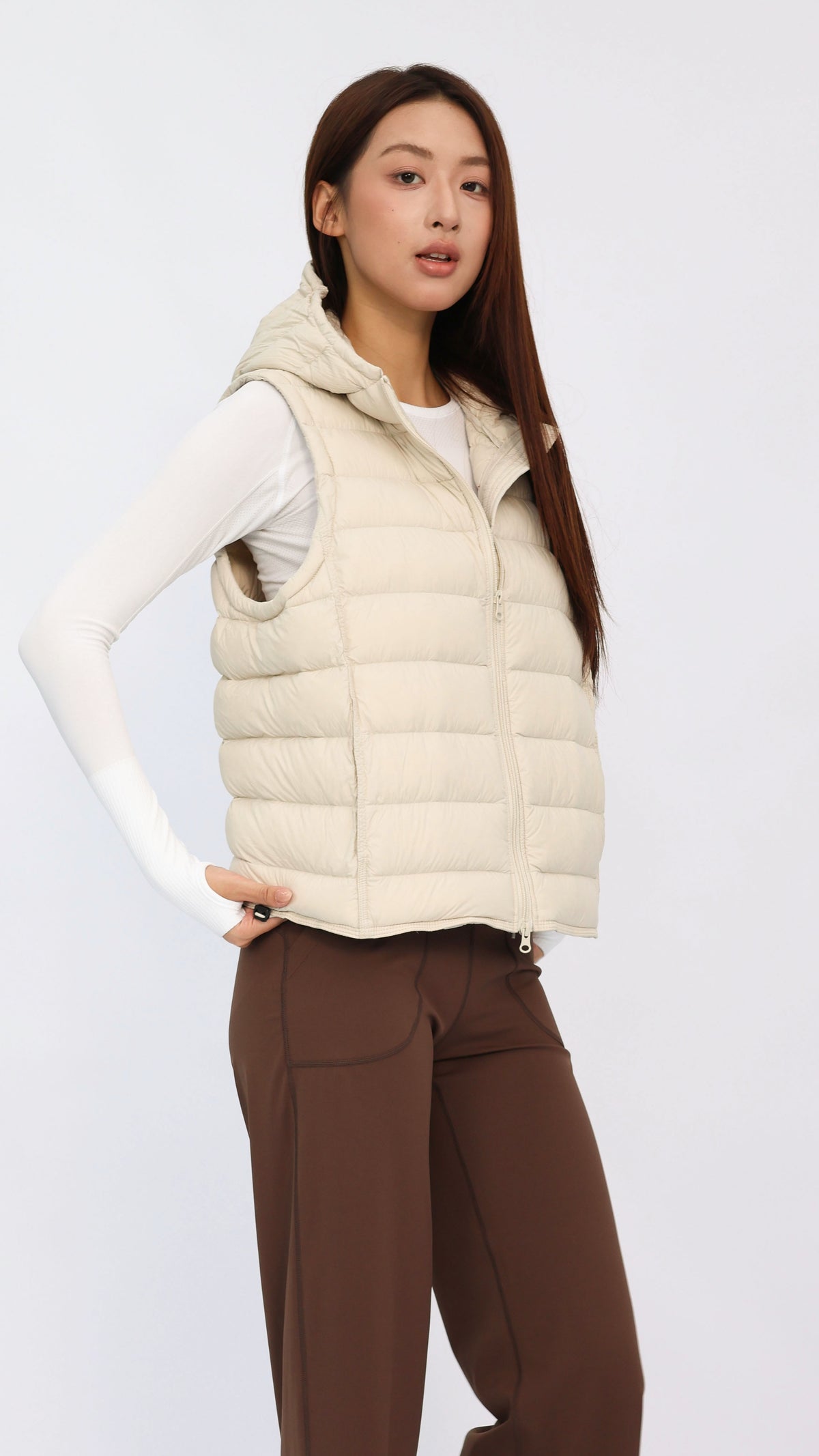 Beige Hooded Cropped Down Vest