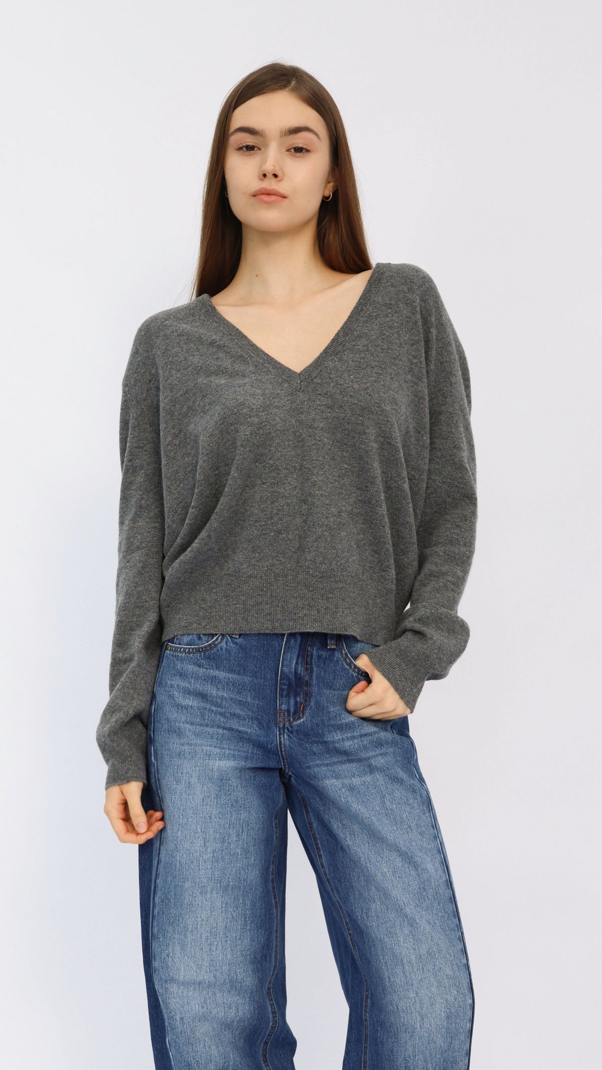 Heather Grey Deep V-Neck Cropped Sweater