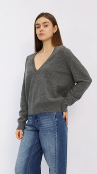 Heather Grey Deep V-Neck Cropped Sweater