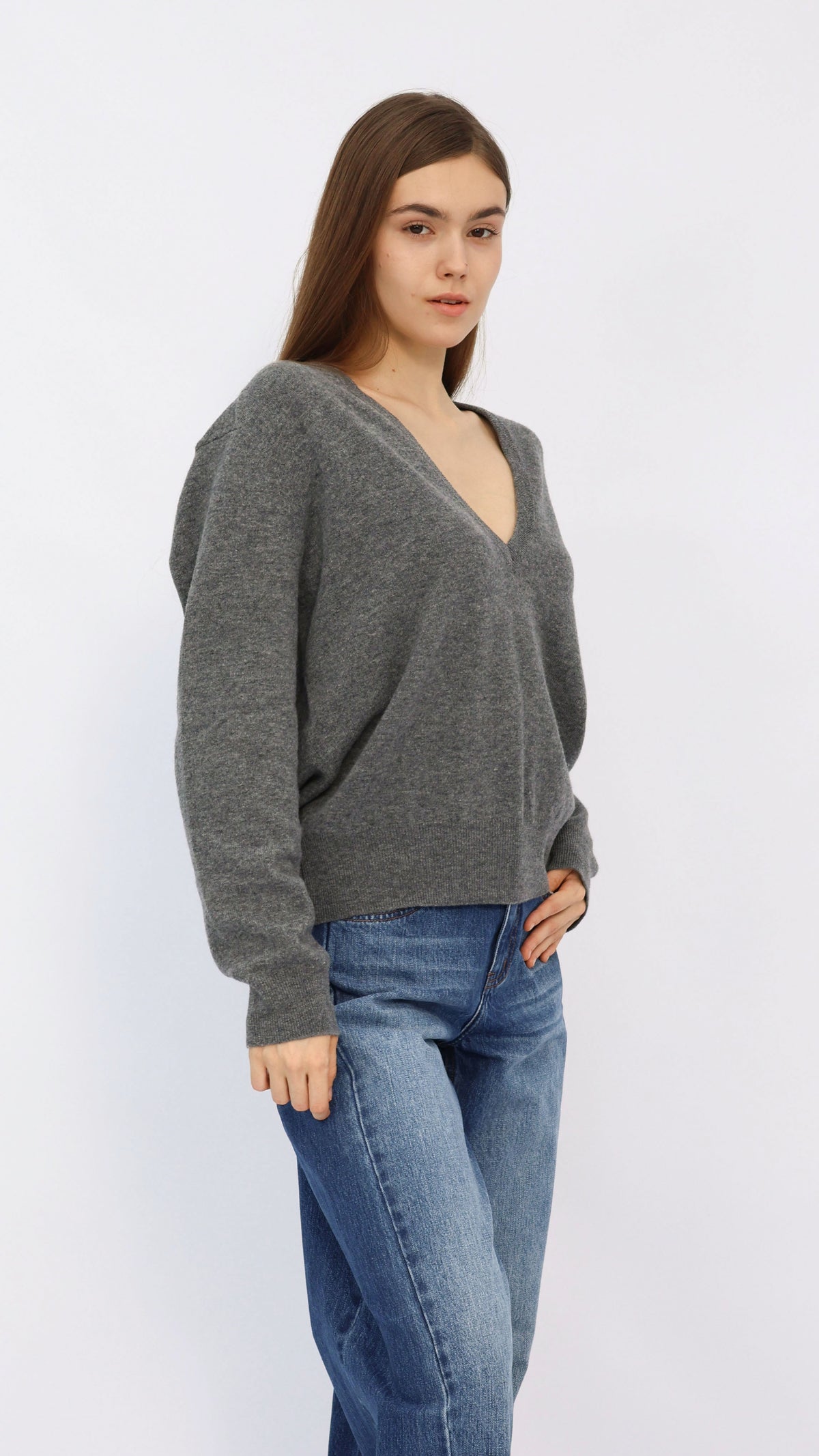 Heather Grey Deep V-Neck Cropped Sweater