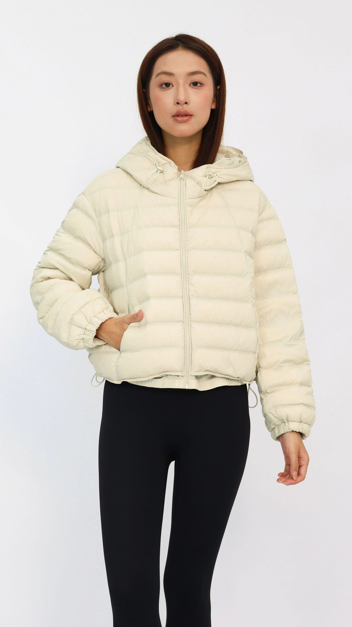 Cream Cropped Hooded Down Jacket