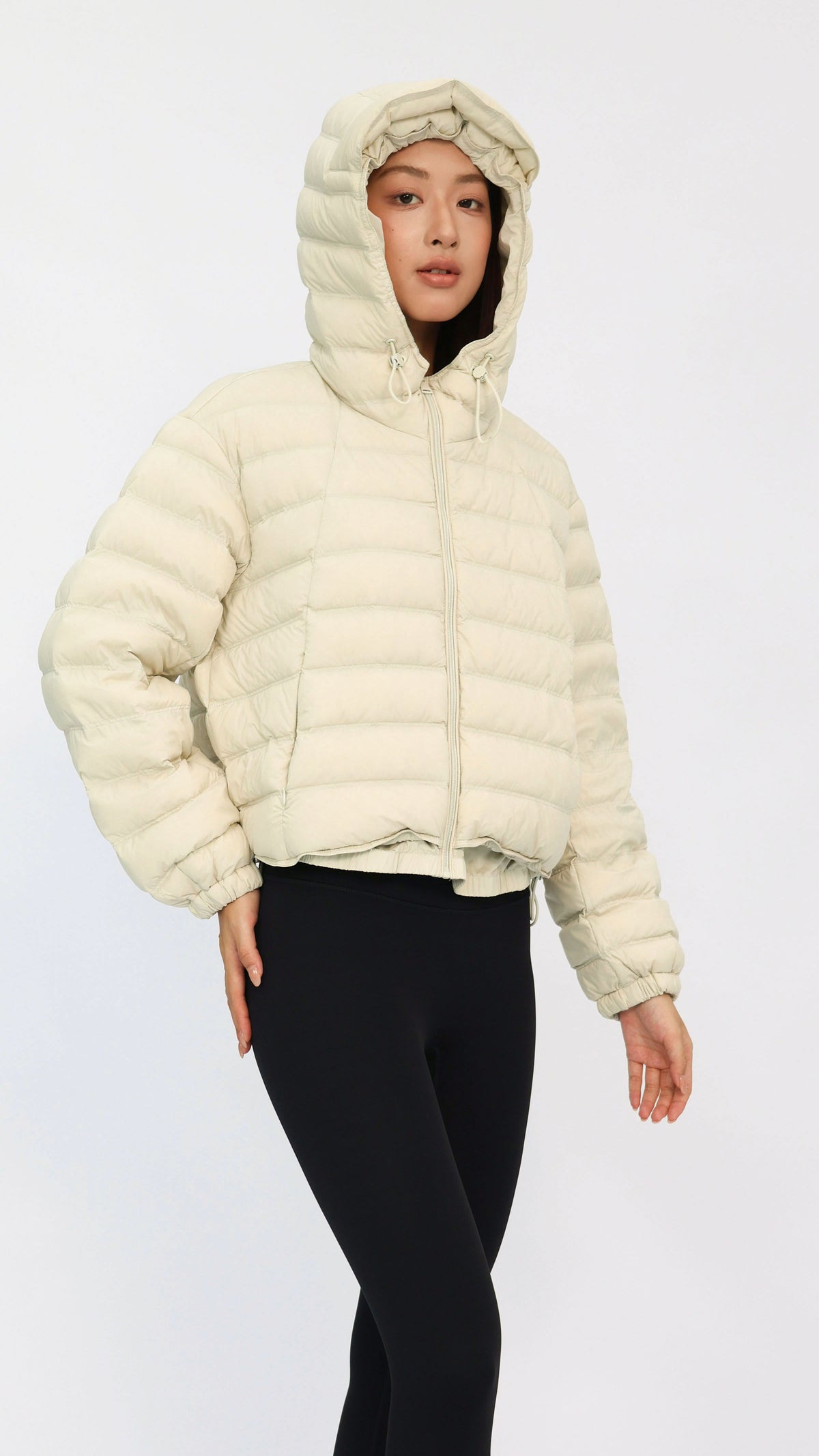 Cream Cropped Hooded Down Jacket