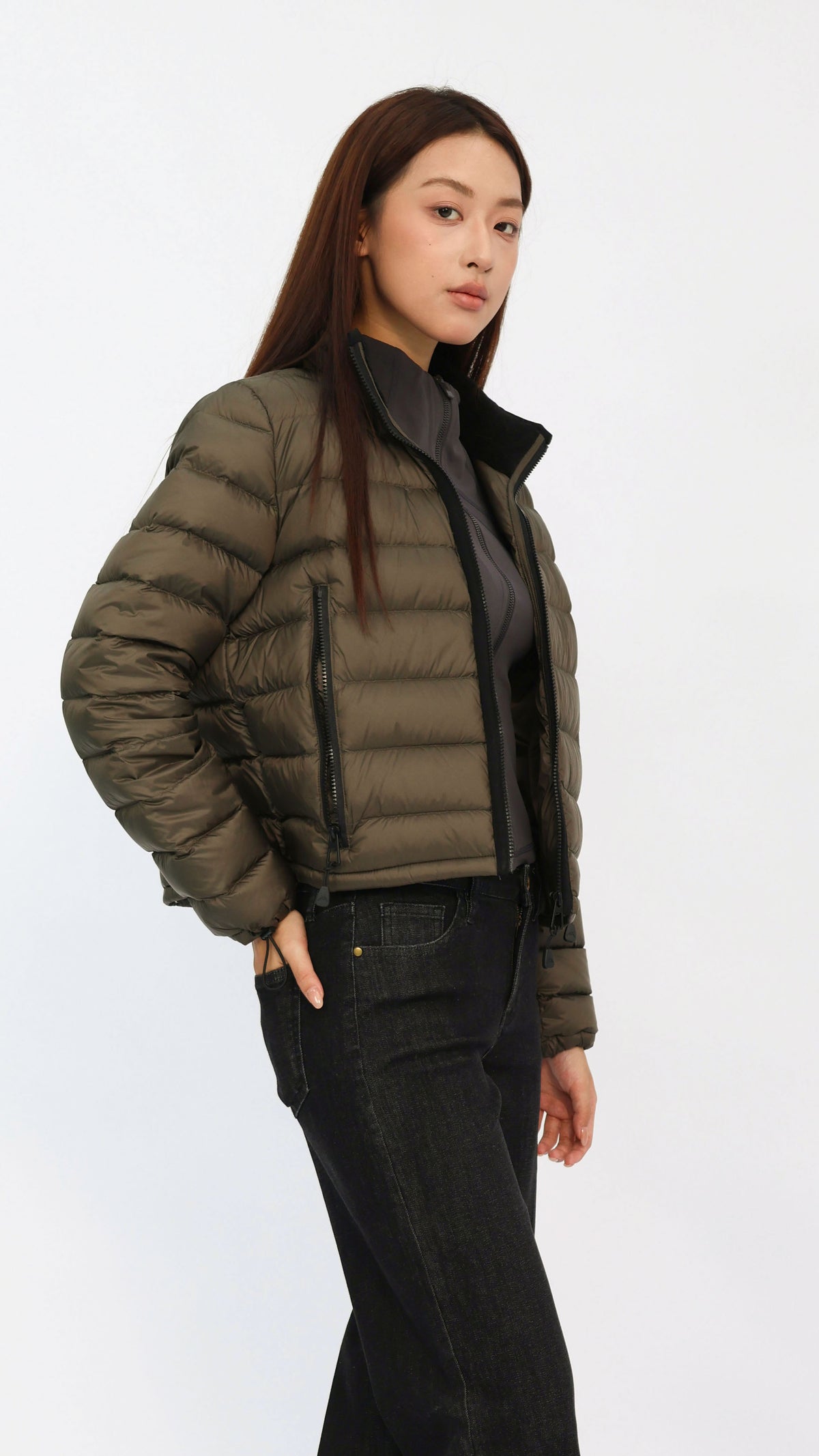 Olive Contrast Cropped Down Jacket
