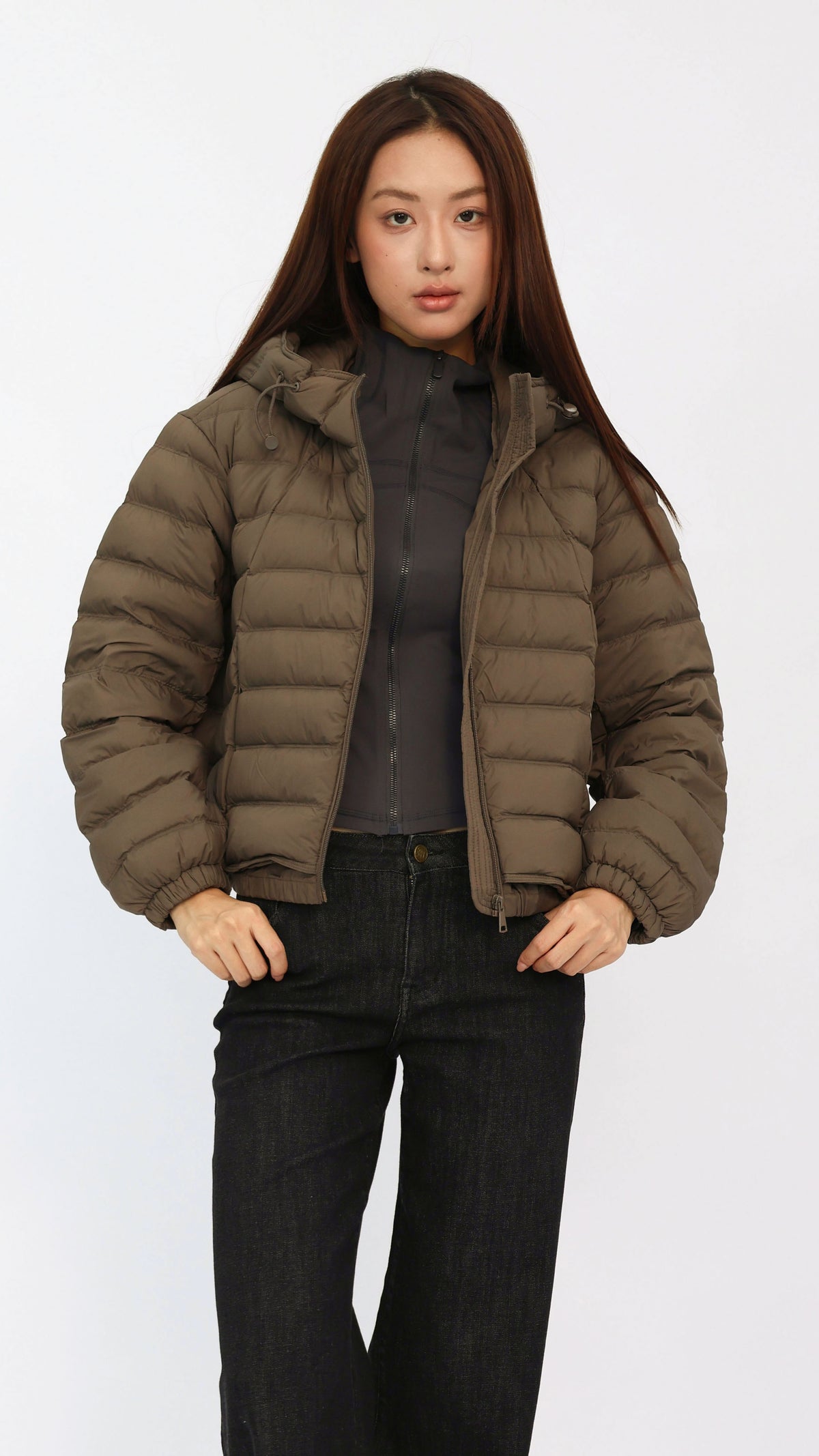 Dark Taupe Cropped Hooded Down Jacket