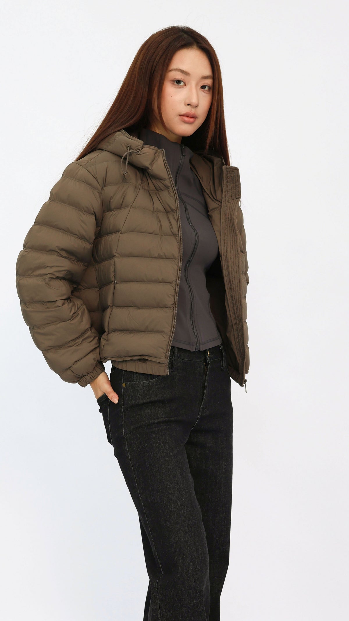 Dark Taupe Cropped Hooded Down Jacket
