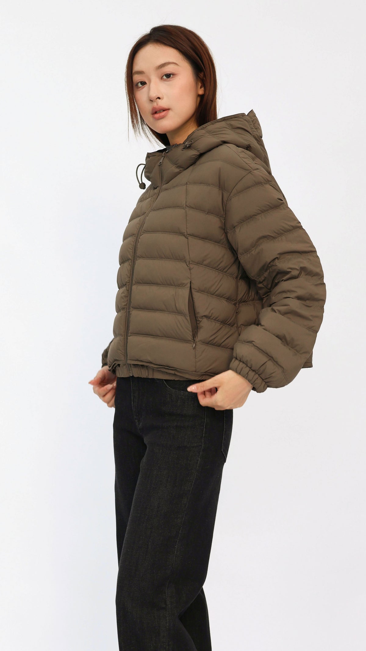 Dark Taupe Cropped Hooded Down Jacket