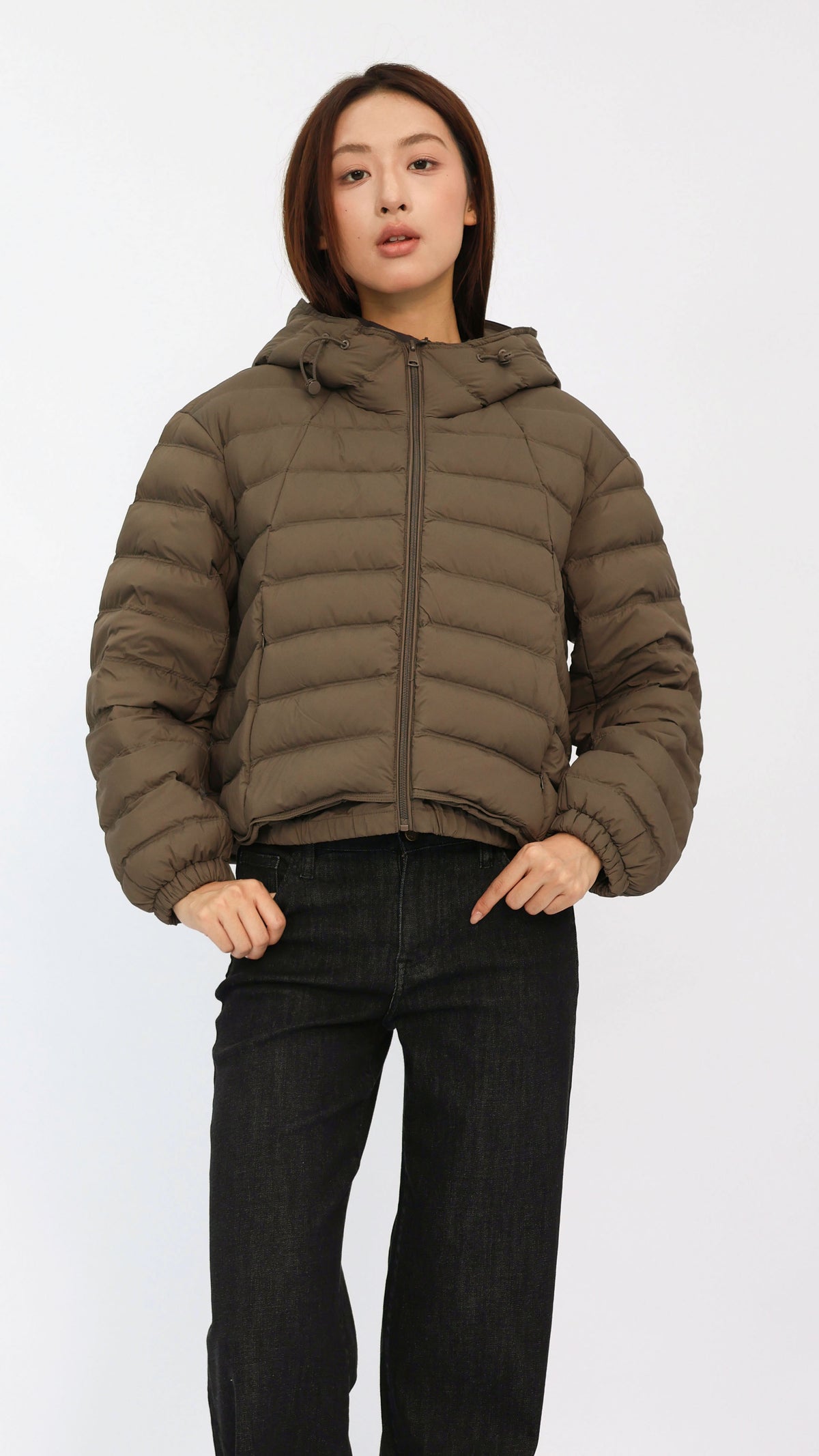 Dark Taupe Cropped Hooded Down Jacket