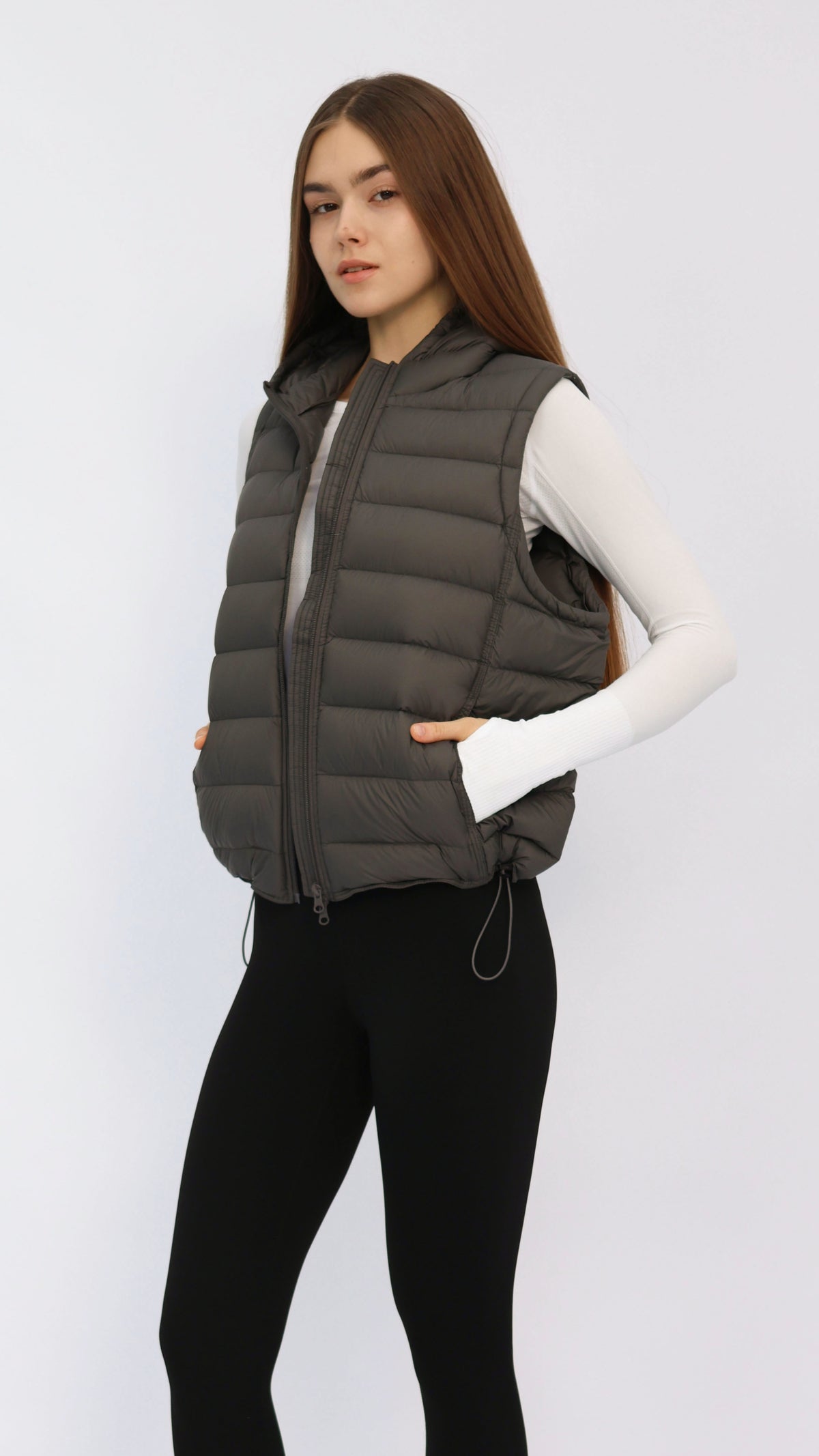 Charcoal Hooded Cropped Down Vest