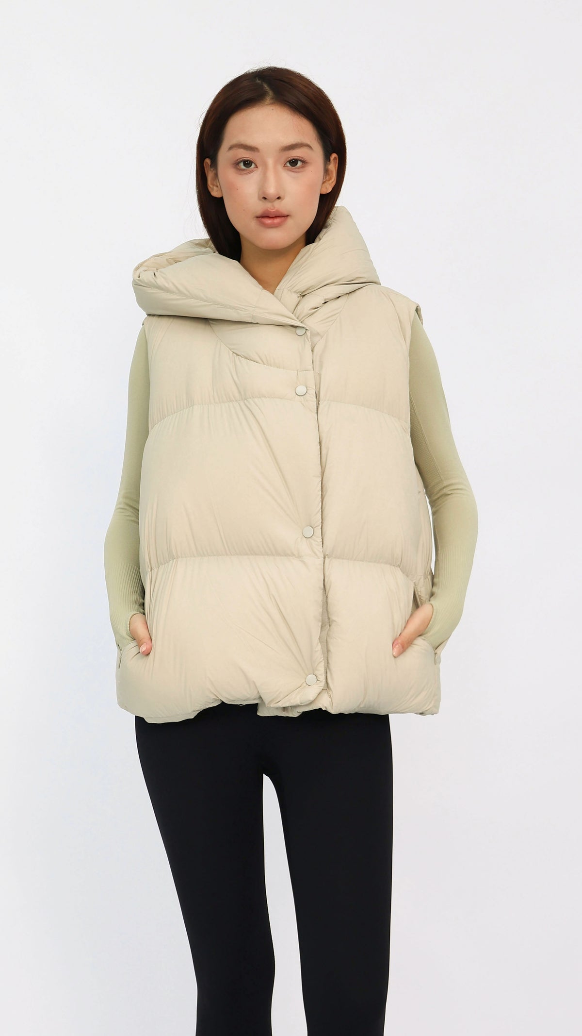 Cream Oversized Hooded Down Vest