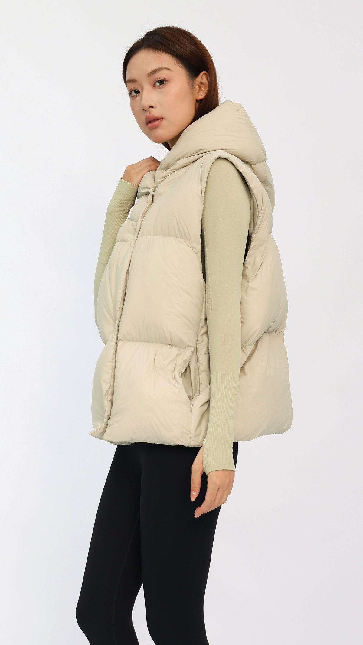 Cream Oversized Hooded Down Vest