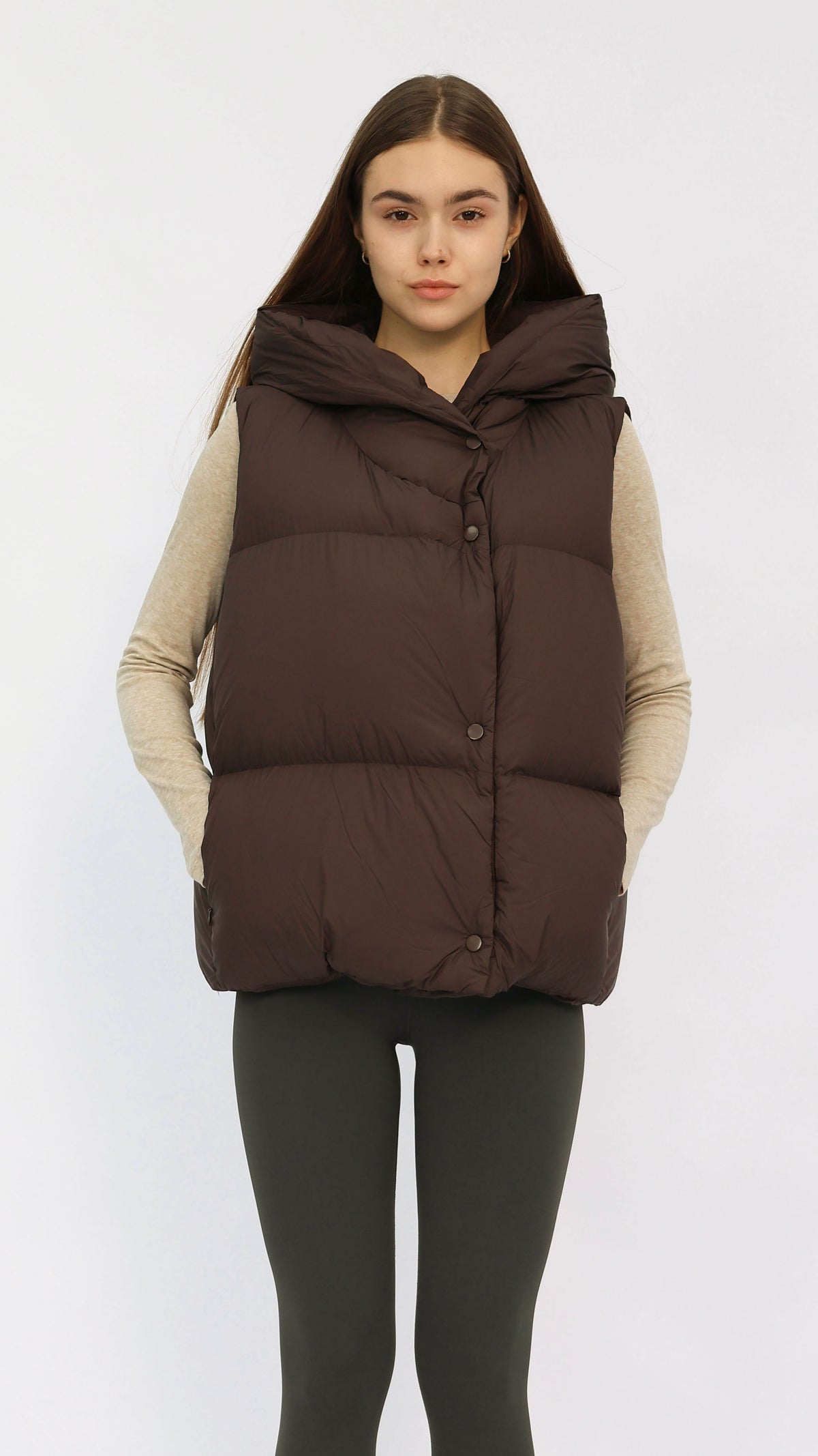 Chocolate Oversized Hooded Down Vest