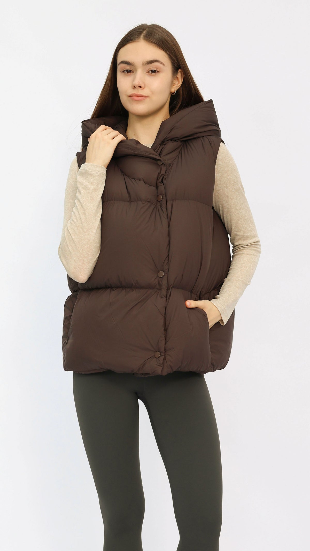 Chocolate Oversized Hooded Down Vest