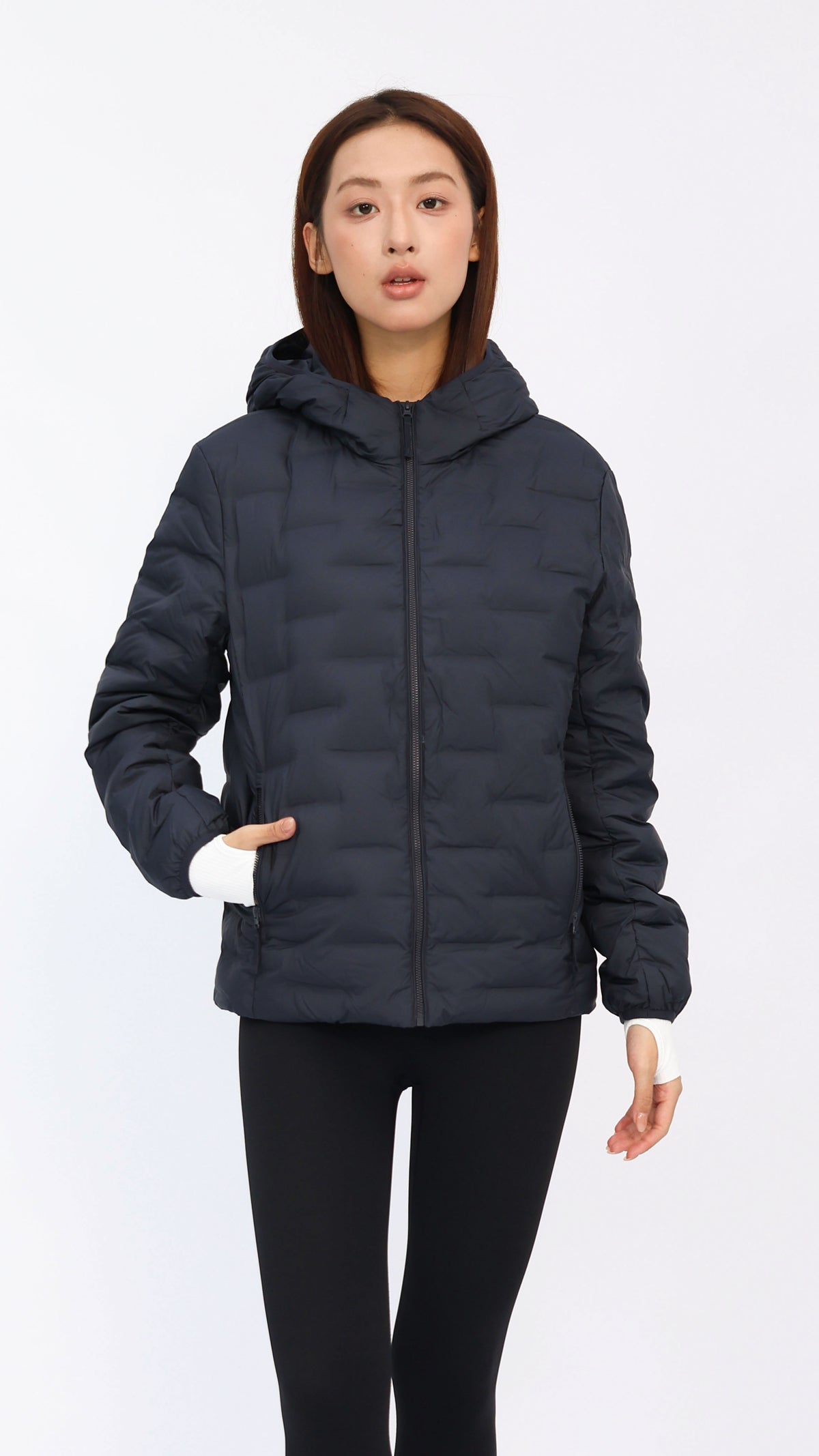 Navy Seam‑Quilted Lightweight Down Jacket