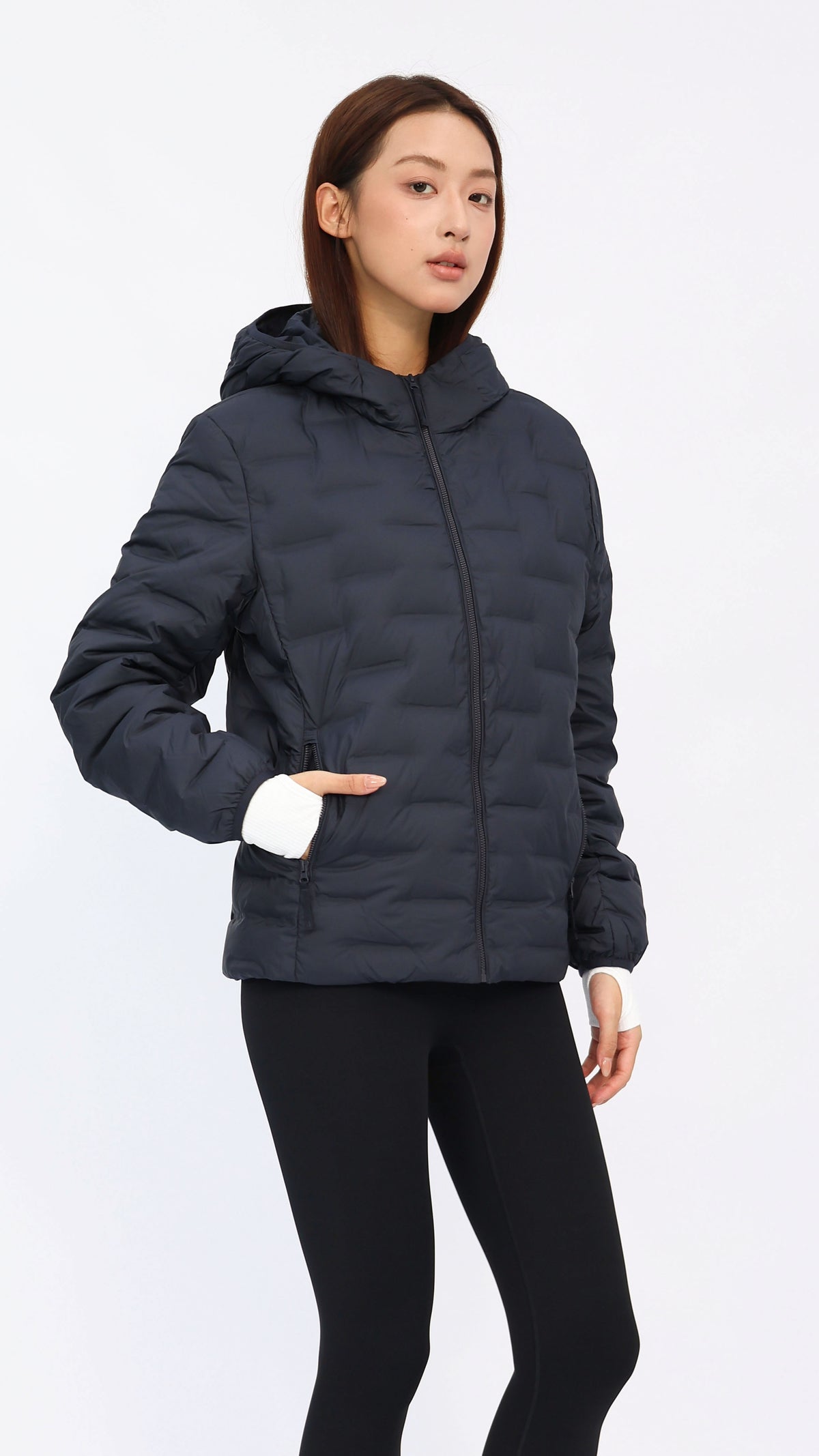 Navy Seam‑Quilted Lightweight Down Jacket