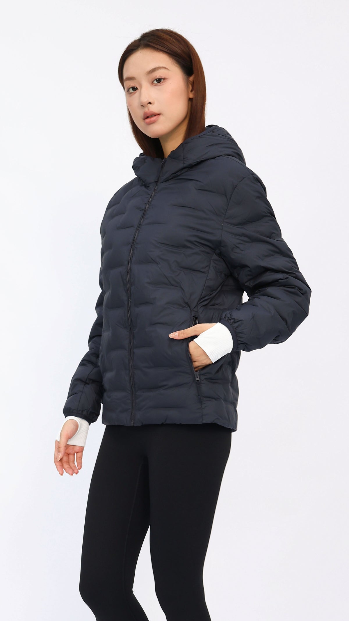 Navy Seam‑Quilted Lightweight Down Jacket