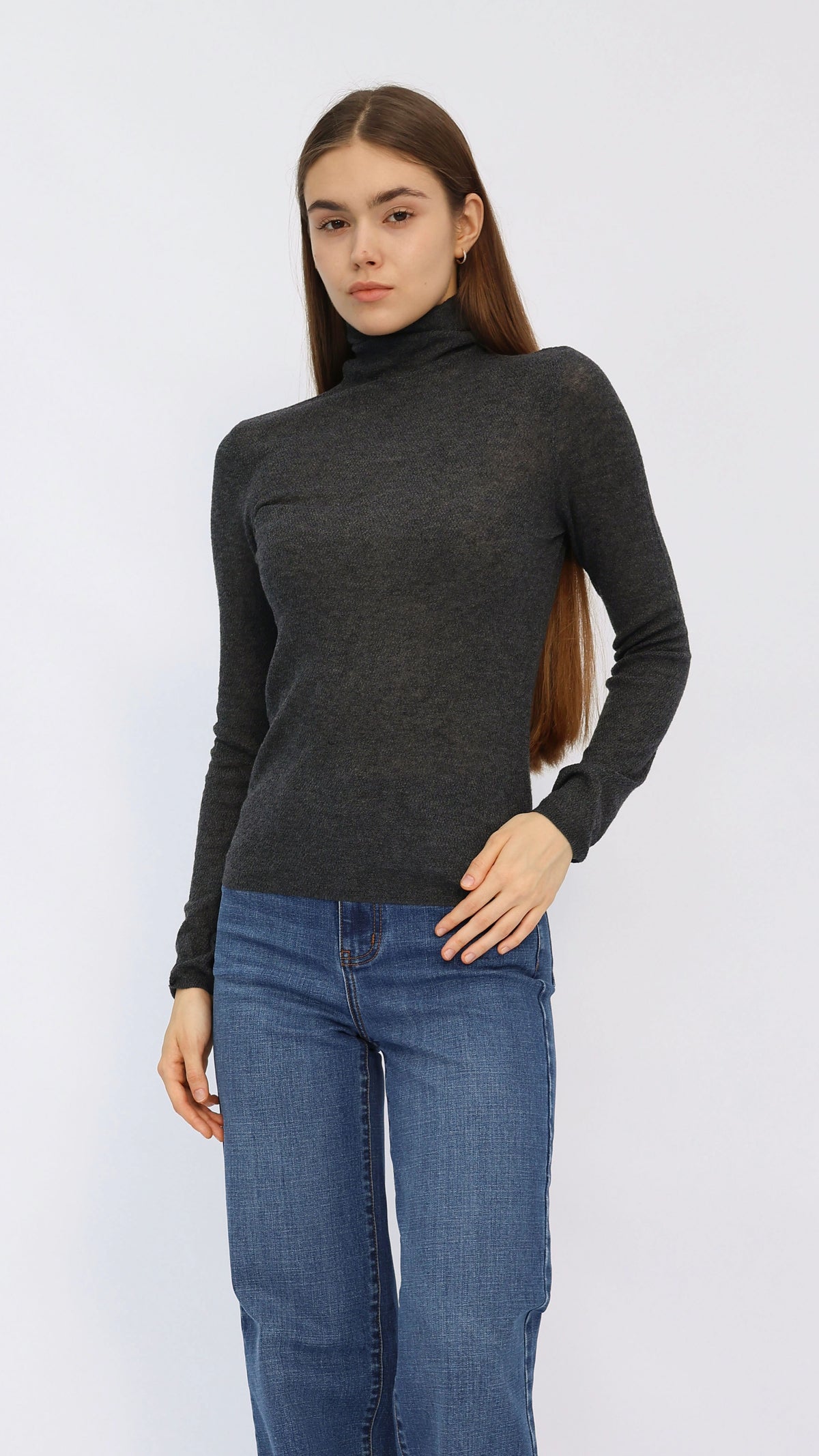 Jesse Charcoal Sheer Turtleneck Knit Top