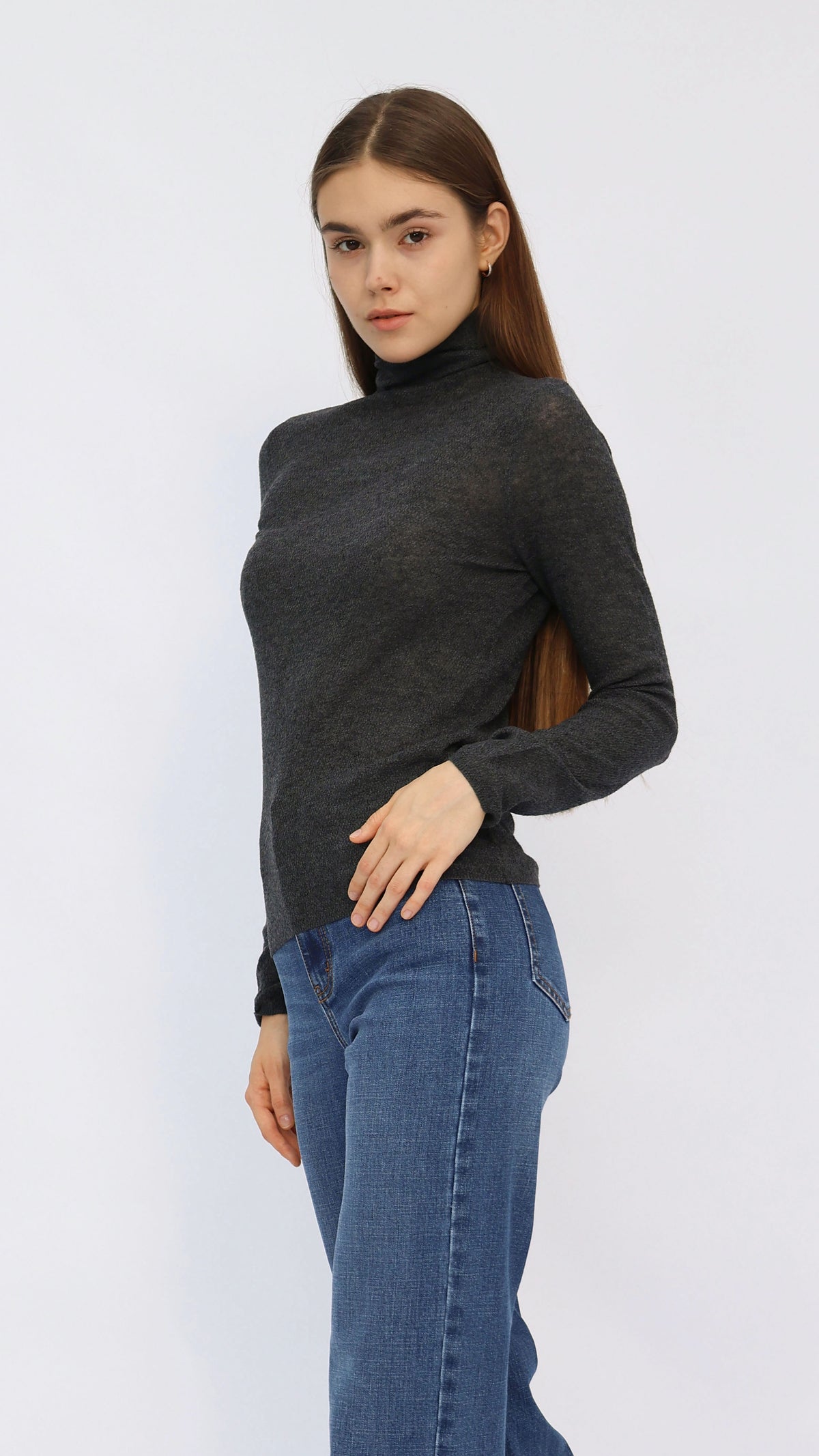 Jesse Charcoal Sheer Turtleneck Knit Top