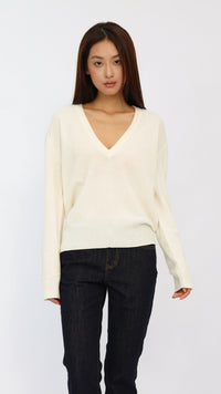 Cream Deep V-Neck Cropped Sweater
