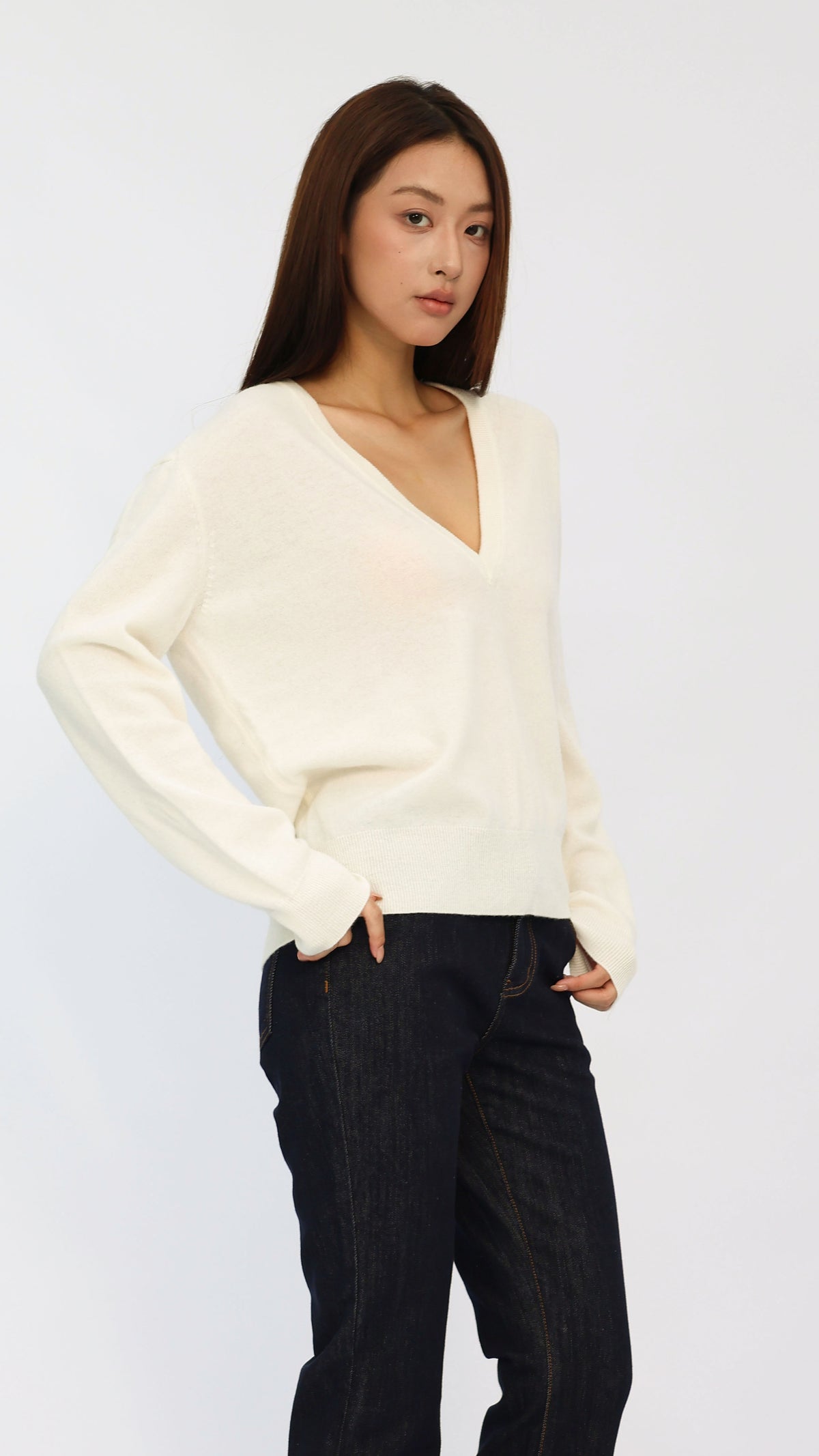 Cream Deep V-Neck Cropped Sweater