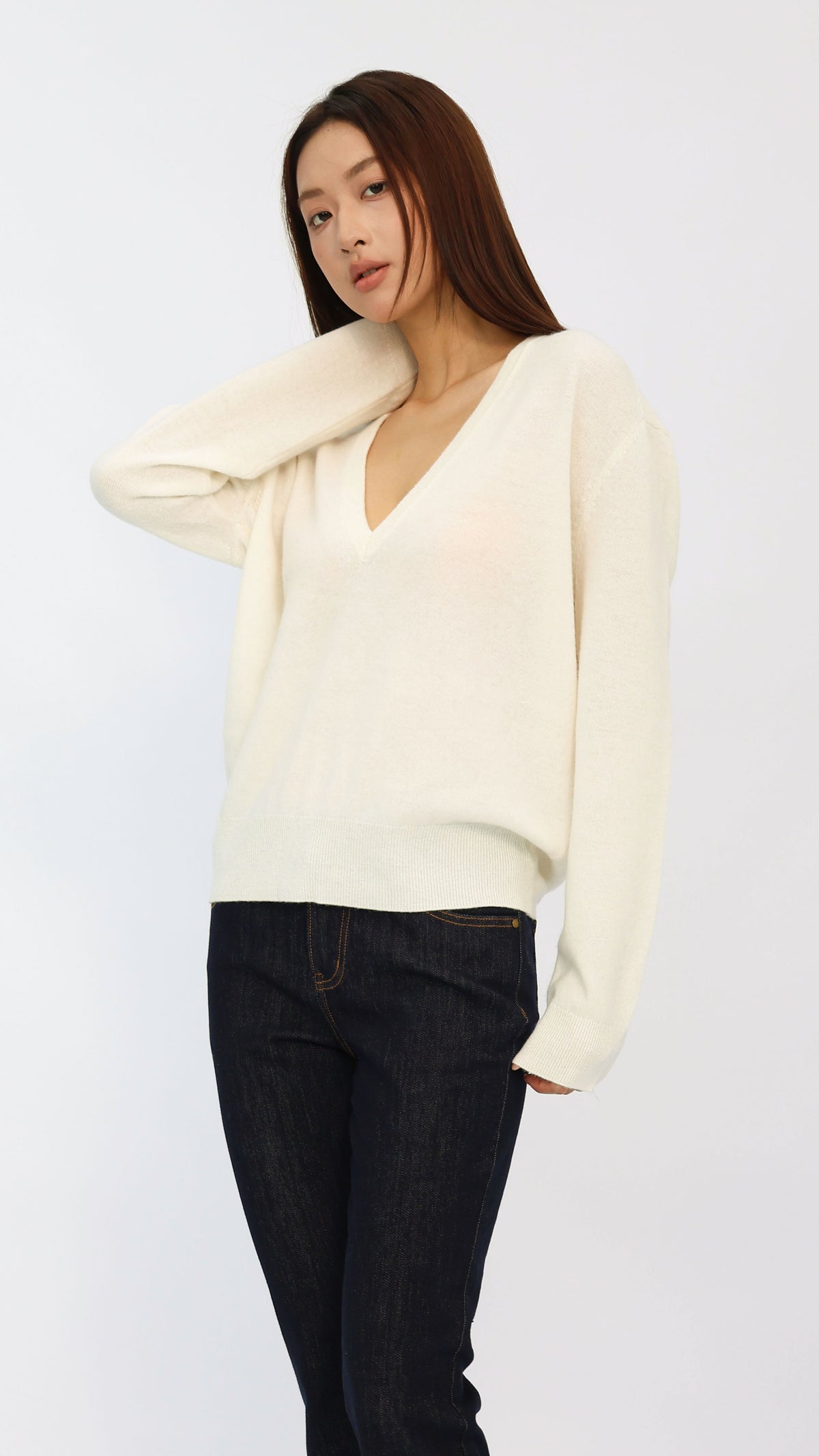 Cream Deep V-Neck Cropped Sweater