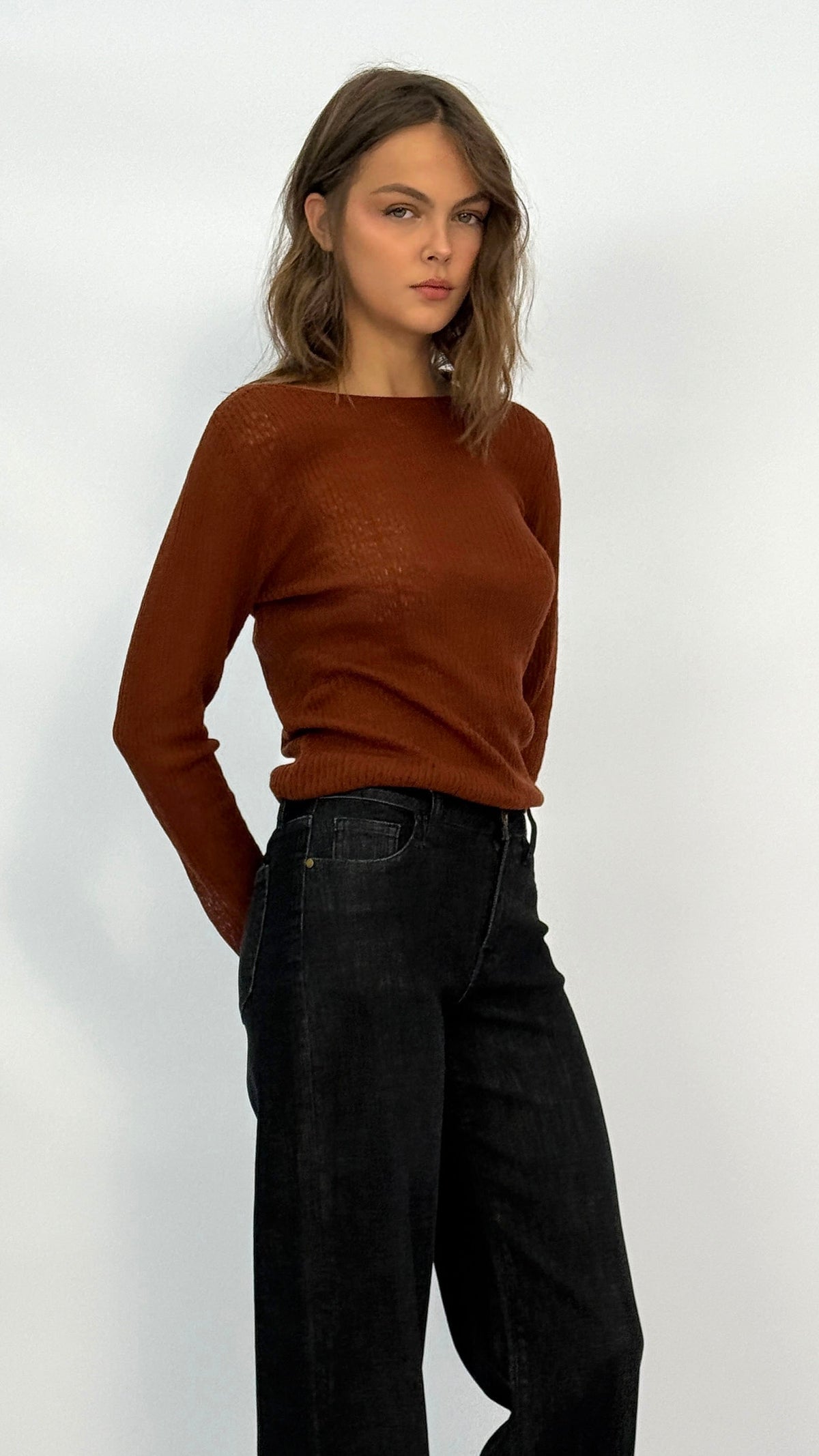 Rust Boat Neck Long Sleeve Top
