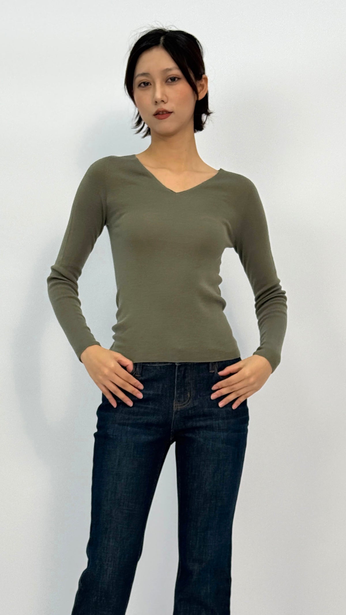 Carrie Olive Long Sleeve V-neck