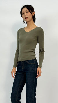 Carrie Olive Long Sleeve V-neck