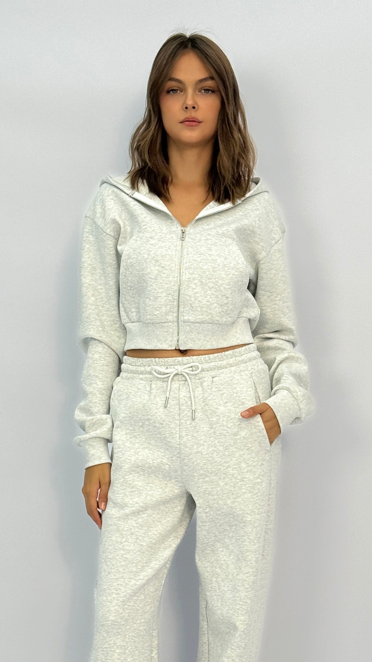 Kiki Heather Grey Cropped Zip Up Hoodie