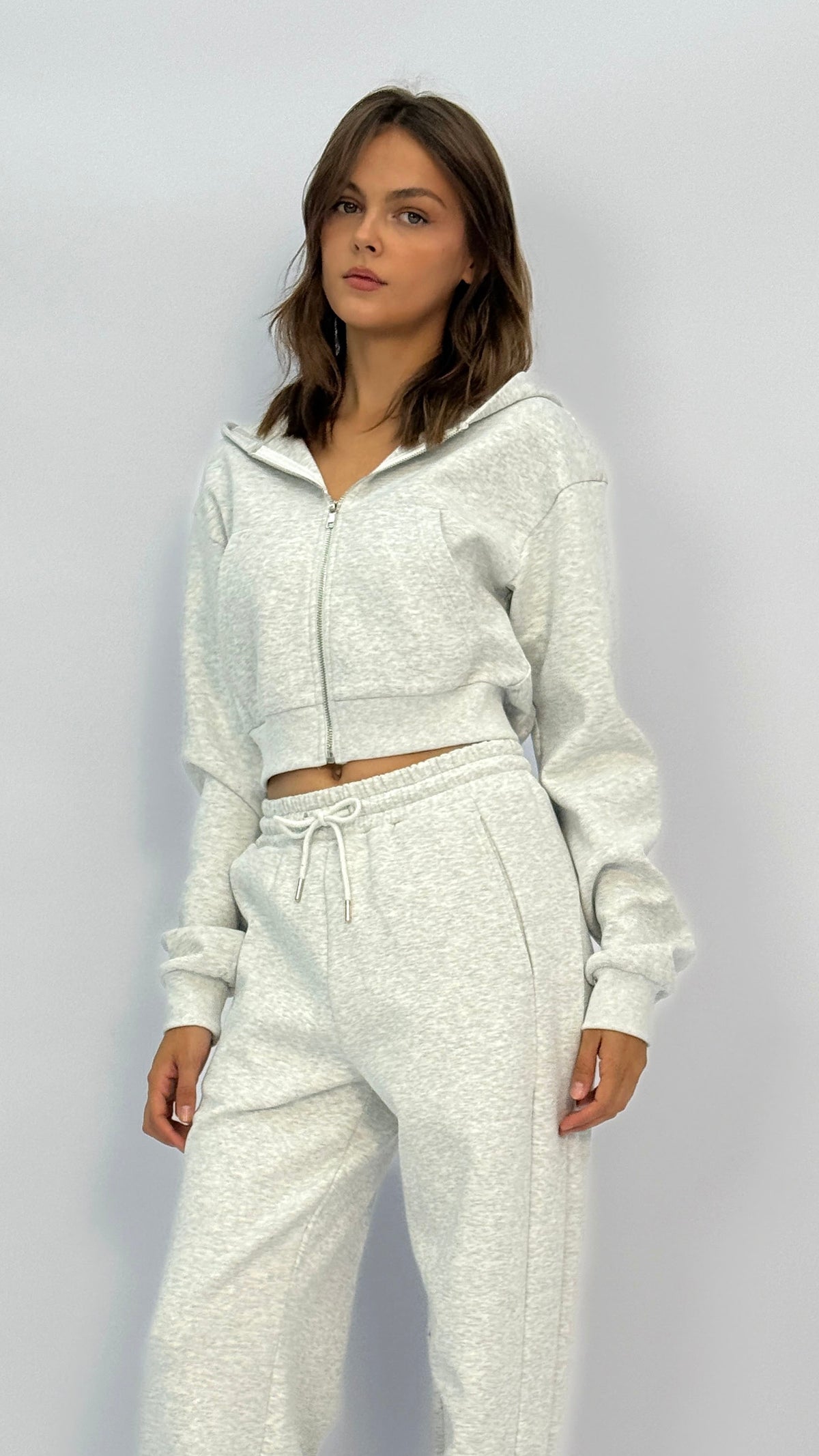 Kiki Heather Grey Cropped Zip Up Hoodie