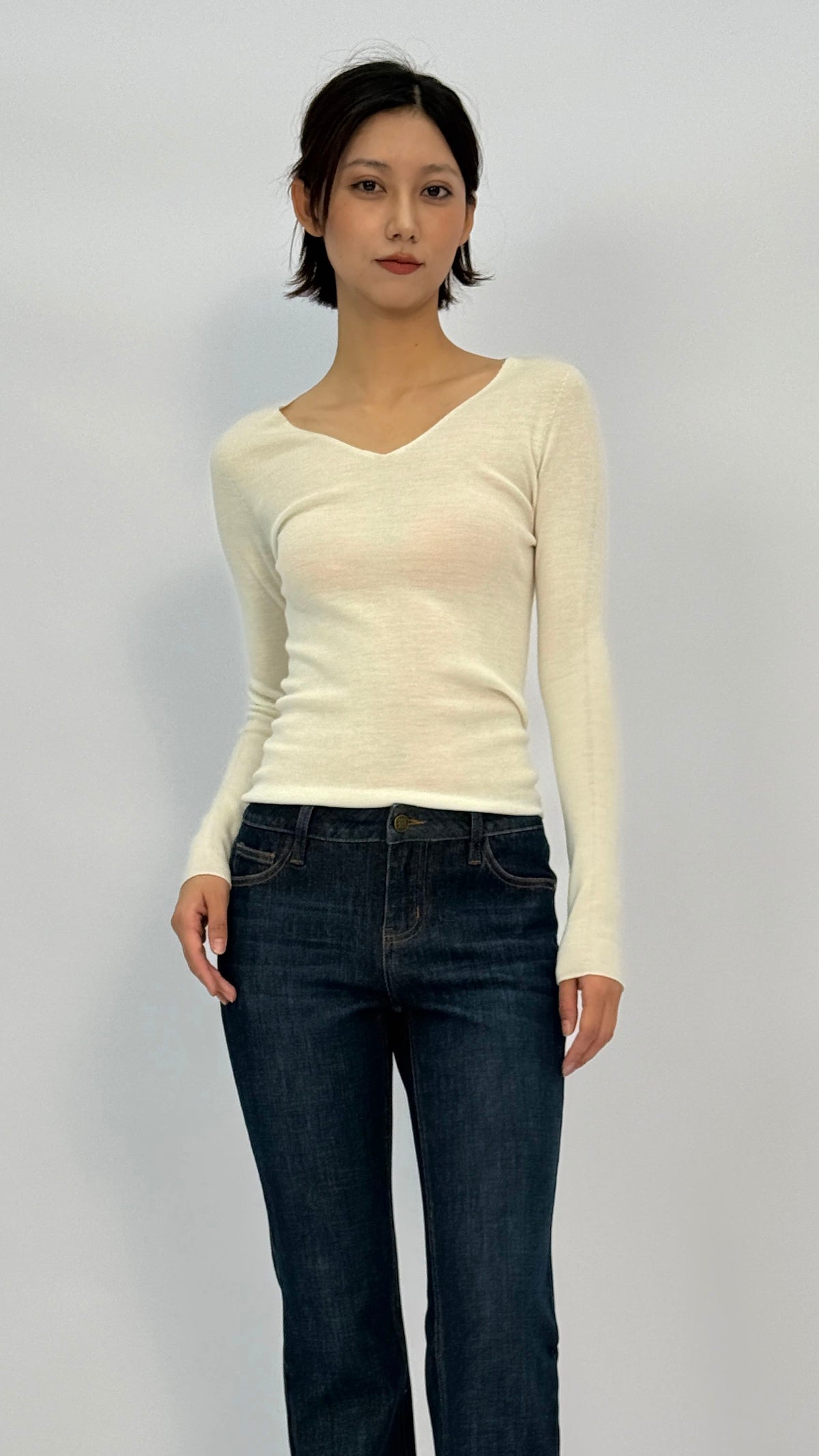 Carrie Beige Long Sleeve V-neck