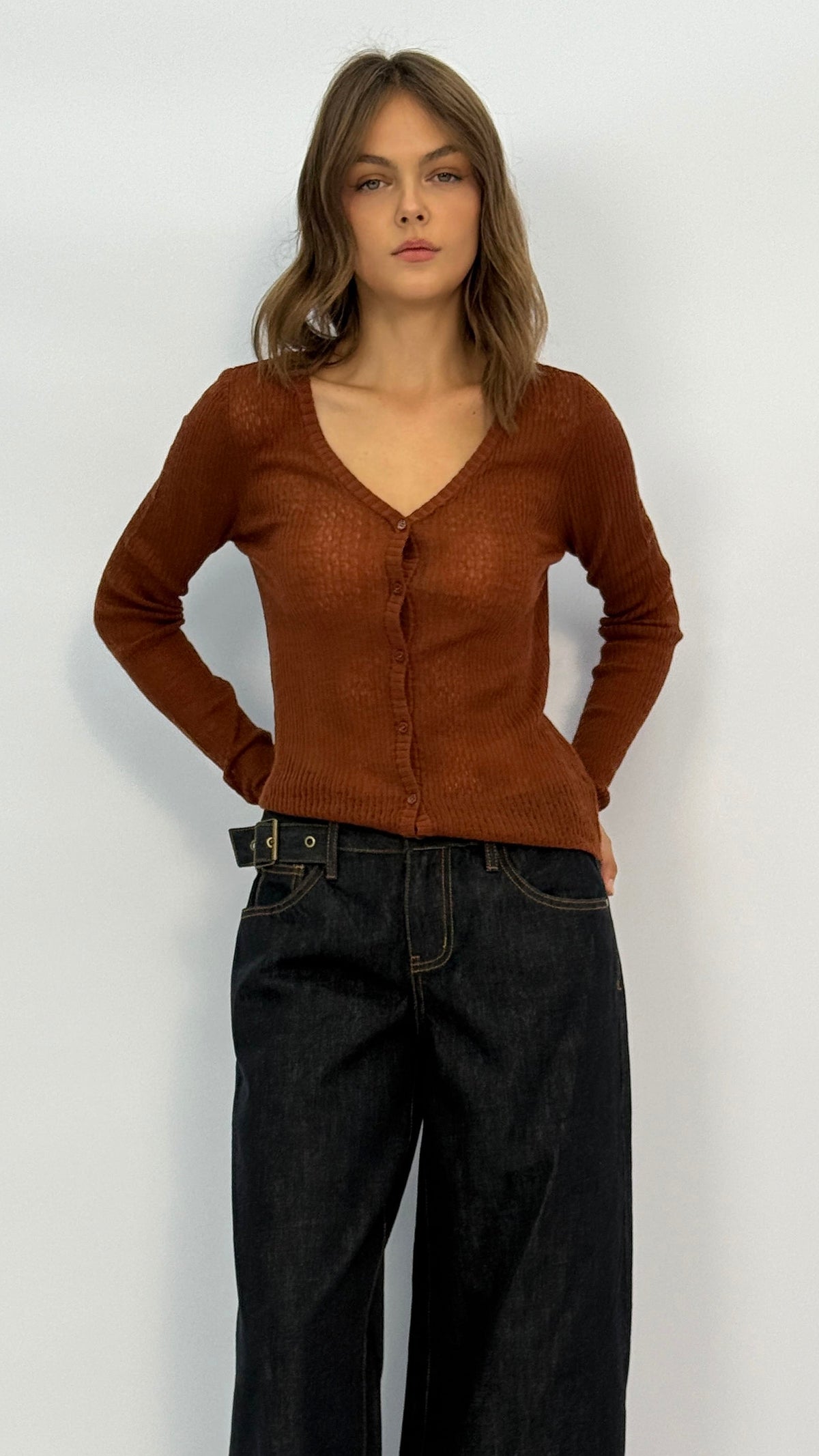 Rust V‑Neck Knit Cardigan