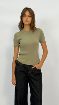 Mona Olive Mock-neck Ribbed Top
