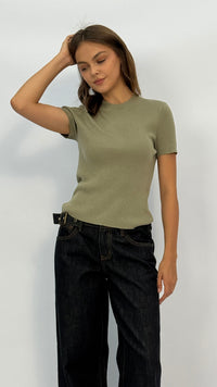 Mona Olive Mock-neck Ribbed Top