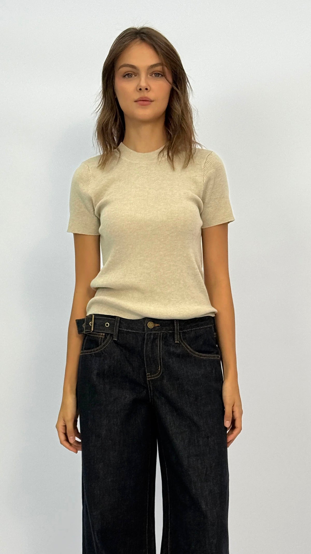 Elsa Heather Oat Mock-Neck Ribbed Top
