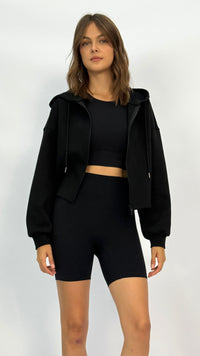 Luna Black Cropped Front Zip Hoodie