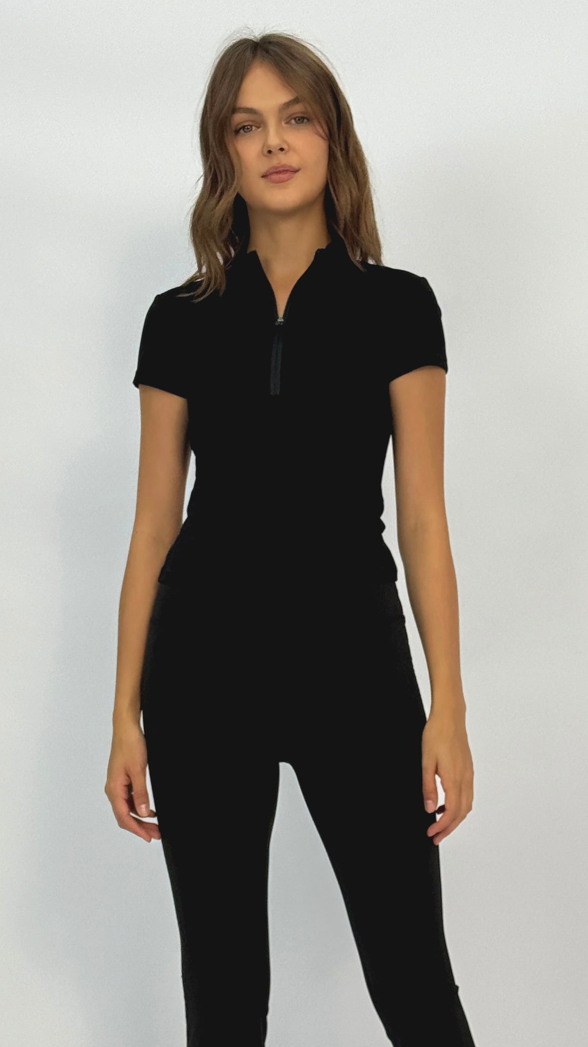 Becca Black Quarter-Zip Short Sleeve Top