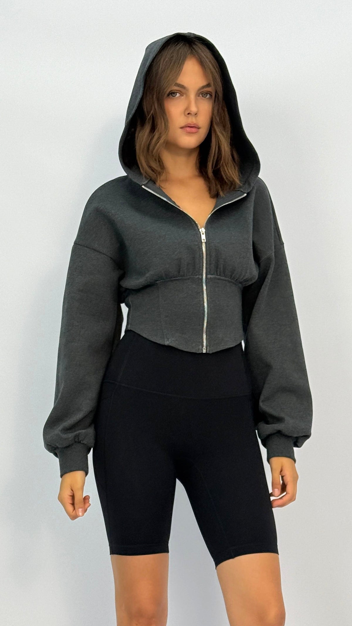 Dani Charcoal Cropped Zip Up Hoodie